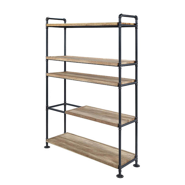 English Elm Oak Five-Shelf Bookcase with Oak & Sandy Black Finish, Sturdy Powder-Coated Metal Frame, 65.5"H B062S00546