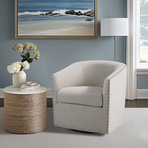JLA Home Madison Park - Upholstered Swivel Barrel Chair with Nailheads and 360° Metal Base, Plush Foam Cushion, Versatile Elegance Natural Multi MP103-0236