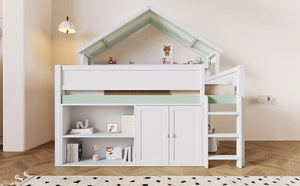 English Elm Full Size Pine Loft Bed with House Canopy Roof Built-in Shelves Kids Bedroom N7090005012F