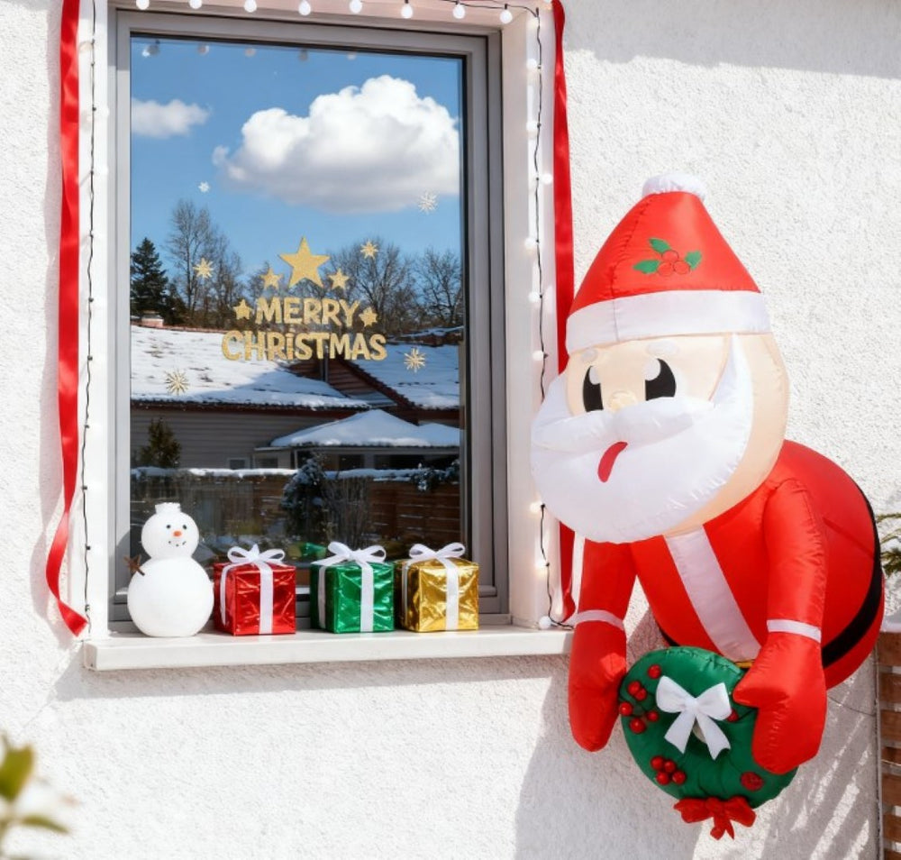 English Elm Inflatable Santa Wreath Hanging Holiday Display with Led Lights Weatherproof Polyester T3971P415659