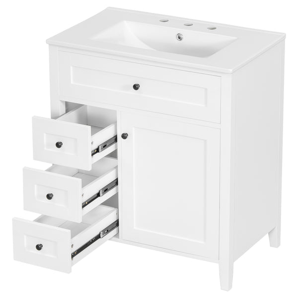 English Elm 30-Inch Contemporary Bathroom Vanity with Sink, MDF & Rubberwood, Glossy Finish, 3 Drawers + Cabinet White N725P350819K
