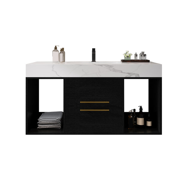 English Elm 39.4" Floating Bathroom Vanity with Ceramic Sink, Solid Wood, Faux Marble Top, Gold Handles, 39.4" W3136S00002