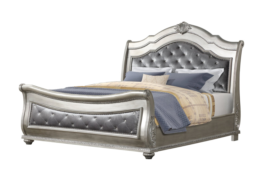 English Elm Destiny Traditional Upholstered Crystal-Tufted King Bed with Button Headboard, Silver Wood Frame B009S01355