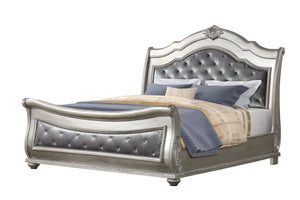 English Elm Destiny Traditional Upholstered Crystal-Tufted King Bed with Button Headboard, Silver Wood Frame B009S01355