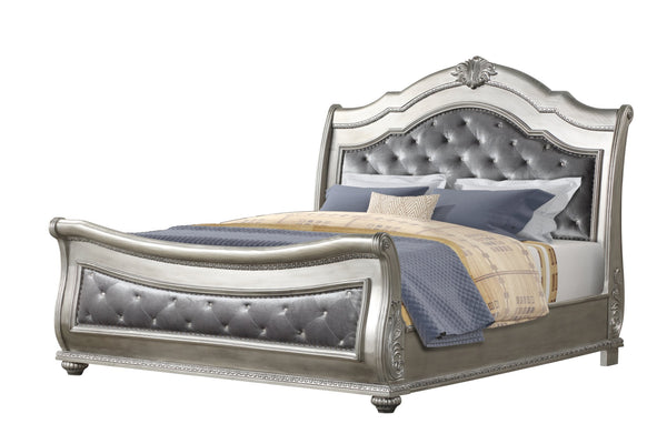 English Elm Destiny Traditional Upholstered Crystal-Tufted King Bed with Button Headboard, Silver Wood Frame B009S01355