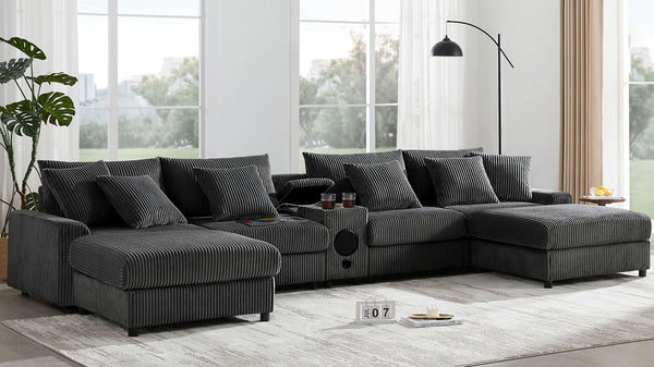 English Elm [video]141.5*64'' Corduroy U-shaped Sectional with Bluetooth Speakers and Ottoman N723S0756E