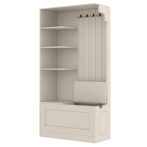 English Elm Multifunctional Modular Hall Tree Cabinet with Open Shelves and Hooks for Entryway Beige W1580S00565