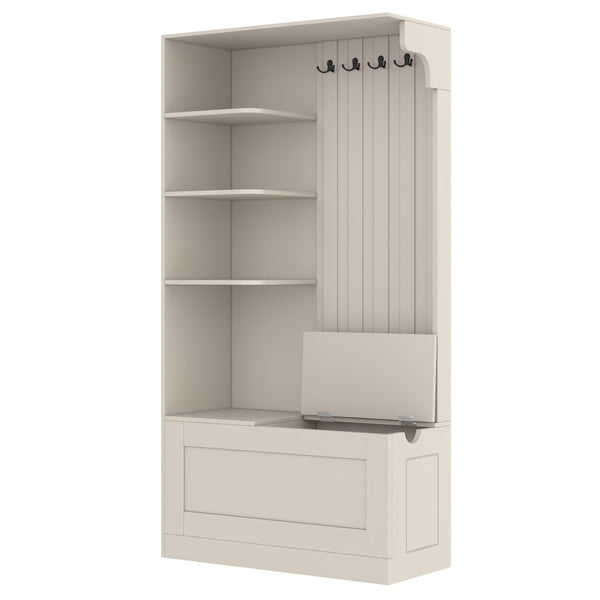 English Elm Multifunctional Modular Hall Tree Cabinet with Open Shelves and Hooks for Entryway Beige W1580S00565