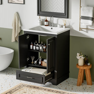 English Elm 24'' Bathroom Vanity with Ceramic Sink Combo Modern Freestanding MDF Cabinet with Soft-Close Doors and Sleek Silver Handles for Spacious Organized Bathroom Storage Black N710P194893B
