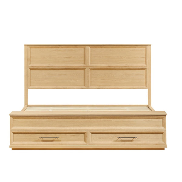 English Elm Queen Storage Bed with Geometric 3d Headboard Four Drawers and Walnut Finish W1820S00057