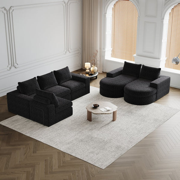 English Elm Chenille Curved Sectional Sofa with Chaise and Neck Pillows, Slow-Rebound Comfort, Sturdy Iron Support Black W834S00483