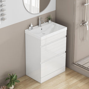 English Elm 24-Inch Bathroom Vanity With Unique Thick Ceramic Basin & Soft-Close Drawers For Modern Spaces W3151S00058