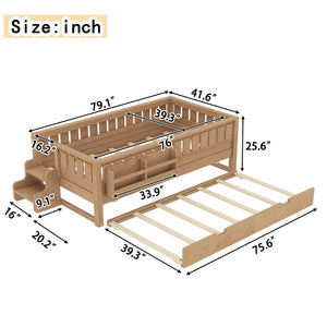 English Elm Twin Kids Platform Bed with Trundle Staircase Bookshelf and Rounded Safety Rails Natural W1580S00558