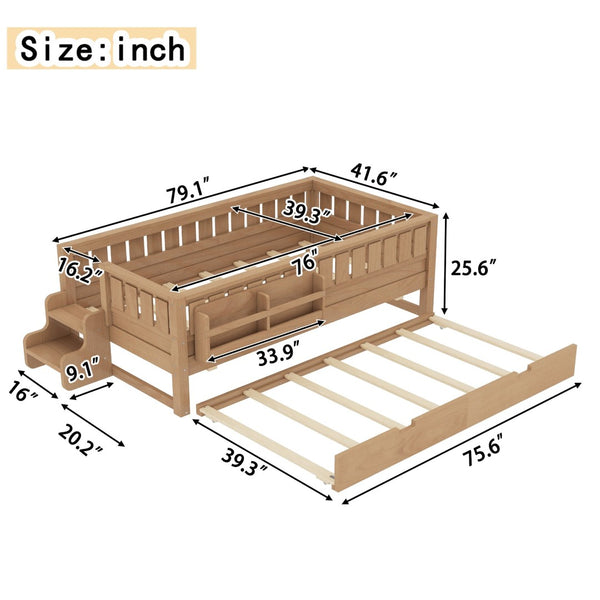 English Elm Twin Kids Platform Bed with Trundle Staircase Bookshelf and Rounded Safety Rails Natural W1580S00558