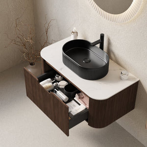 English Elm Dina Floating Bathroom Vanity Sintered Stone Top Glass Basin Striped Plywood Cabinet W2615S00421