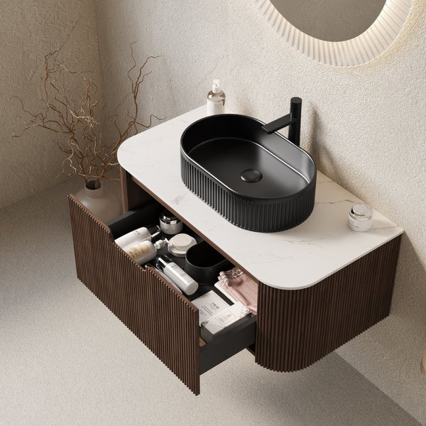 English Elm Dina Floating Bathroom Vanity Sintered Stone Top Glass Basin Striped Plywood Cabinet W2615S00421
