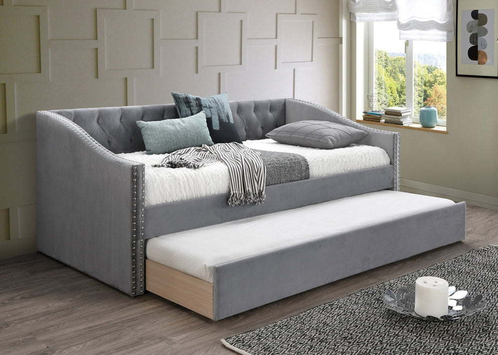 English Elm Contemporary Tufted Burlap Daybed with Pull Out Trundle and Nailhead Trim Detail B011S02043
