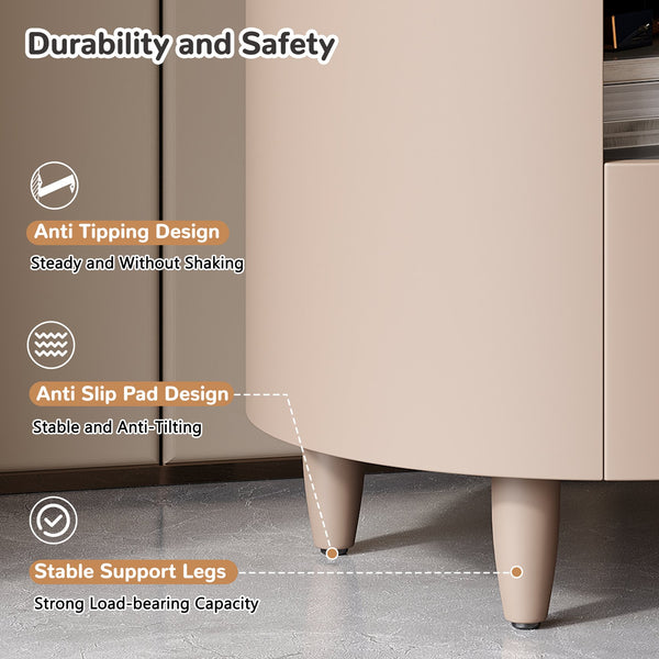 English Elm Christopher Knight Home® - Contemporary Round Nightstand with Drawer & Open Shelf, Curved Bedside Table with Leather Handles khaki 22 L x 22 W x 19.75 H N761P285708M