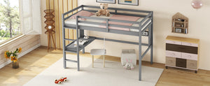 English Elm Twin Loft Bed with Built-In Desk and Bookcase, Pine Frame, Safety Guardrail, Ladder for Study Space Grey W504P181852