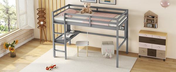 English Elm Twin Loft Bed with Built-In Desk and Bookcase, Pine Frame, Safety Guardrail, Ladder for Study Space Grey W504P181852