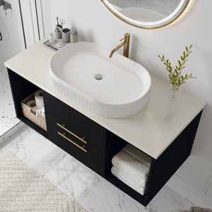 English Elm Modern 40" Wall-Mounted Bathroom Vanity with Oval Ceramic Sink, Floating Solid Wood Cabinet, Soft-Close Drawers & Open Shelf Storage W3136S00011
