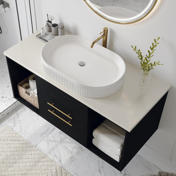 English Elm Modern 40" Wall-Mounted Bathroom Vanity with Oval Ceramic Sink, Floating Solid Wood Cabinet, Soft-Close Drawers & Open Shelf Storage W3136S00011
