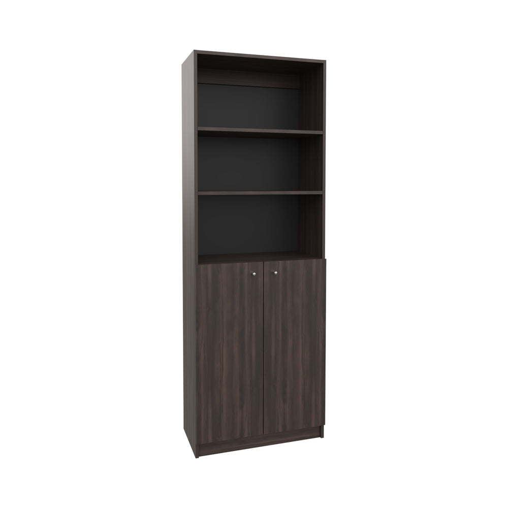 English Elm 2-Door Engineered Wood Bookcase with Upper Open Shelves, Dark Walnut & Black, Sturdy Storage Solution B097P350332
