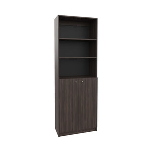 English Elm 2-Door Engineered Wood Bookcase with Upper Open Shelves, Dark Walnut & Black, Sturdy Storage Solution B097P350332