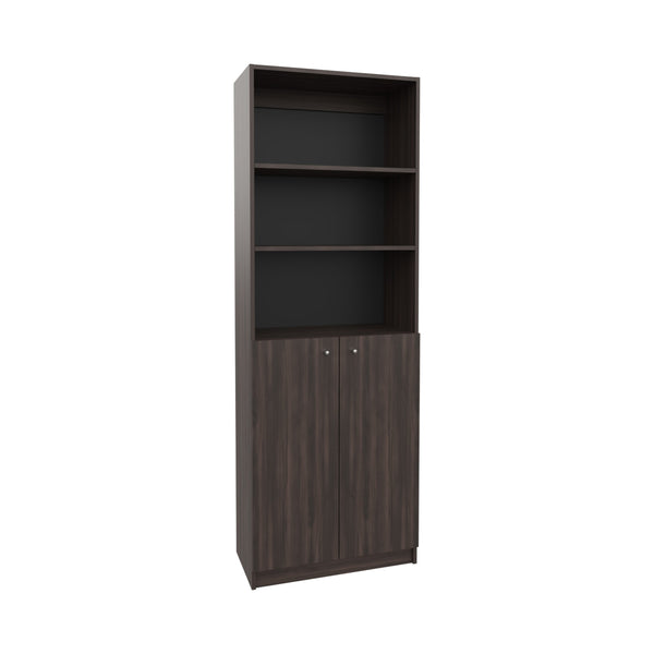 English Elm 2-Door Engineered Wood Bookcase with Upper Open Shelves, Dark Walnut & Black, Sturdy Storage Solution B097P350332