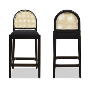 English Elm Jennifer Taylor Home - Panama 26.5" Curved Back Cane Rattan Counter Stool Set of 2 with Oak Frame, Bouclé Upholstery & Brass Footrest Black B2719P238388