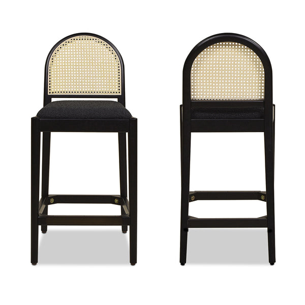 English Elm Jennifer Taylor Home - Panama 26.5" Curved Back Cane Rattan Counter Stool Set of 2 with Oak Frame, Bouclé Upholstery & Brass Footrest Black B2719P238388