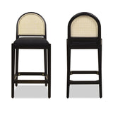 English Elm Panama 26.5" Curved Back Cane Rattan Counter Stool, Set Of 2, Ebony Black Boucle