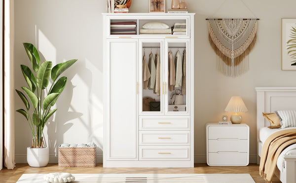 English Elm 3 Door Wardrobe Armoire Closet with LED Lighting, 4-Door Style, 3 Drawers, White Gold Accents, Spacious Storage N7090001843K
