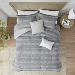 JLA Home Madison Park - 5 Striped Clipped Jacquard Comforter Set with Tailored Edges, Soft Gray Texture and Decorative Pillows 90 L x 90 W x 1.5H MP10-8160