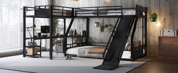 English Elm L-shaped Metal Triple Bunk Bed with Slide Desk Shelves and Usb Charging Black W1580S00569