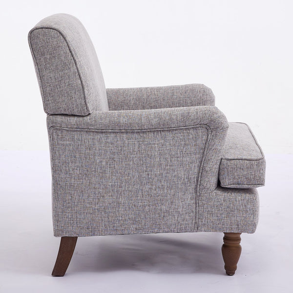 English Elm Vintage Linen Armchair with Rolled Arms and Turned Wood Legs — Plush Cushions, Sturdy Support, Timeless Accent for Living Spaces Coffee 29.84 L x 29.5 W x 18.42 H N701P326070N