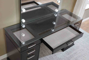 English Elm Glam Elegant Vanity Set with LED Mirror, Plush Stool, Ample Storage, Felt-Lined Drawers, Chic Finish Grey Mix 33 L x 41 W x 8 H B2741S00678