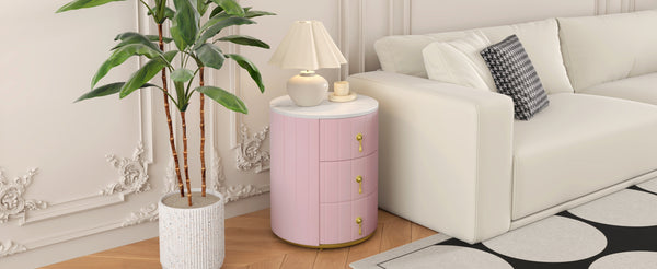 English Elm Upholstered Rounded Nightstand with 3 Spacious Drawers, Marbled Top and Metal Handles, Fully Assembled Pink 24 L x 19.5 W x 18.89 H N733P272609H