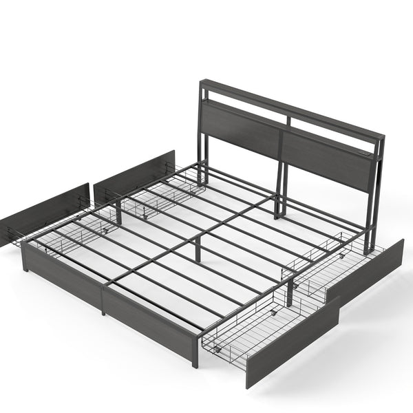 English Elm Queen Metal Platform Bed with Rgb Led Headboard Charging Station and Underbed Storage T3963P483004