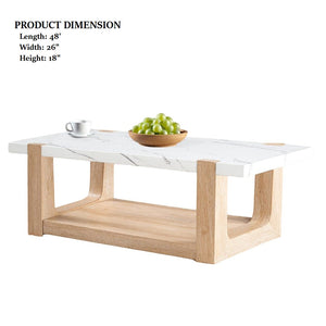 English Elm Modern Contemporary Coffee Table 48"W x 26"D x 18"H Faux Marble Top Two-Tone Sleek Accent Piece Natural,White 52 L x 30 W x 11 H B2741P402576