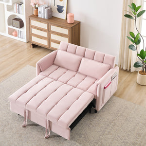 English Elm 52 Pink Modern Velvet Sofa Bed 3-in-1 Convertible Loveseat with Pillows, Pockets, Metal Legs, Compact Design W1658P266338