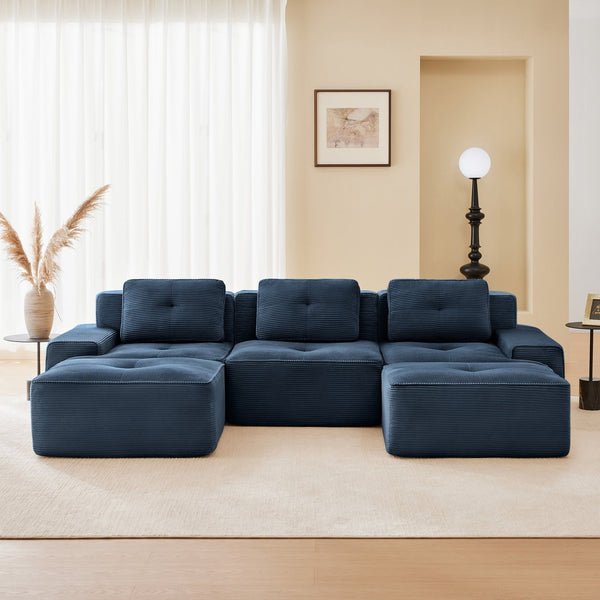 English Elm 117" Modern U-Shaped Modular Sofa In Plush Corduroy With Movable Ottoman & Tufted Design, Blue W714S01496