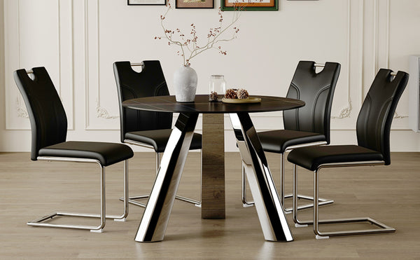 English Elm Table 5-Piece Dining Set: Contemporary Round Sintered Stone Top With 4 Stylish Black Chairs & Legs W2920S00017-GIGA