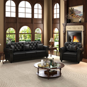English Elm Upholstered Faux Leather Chesterfield Sofa Mid-century Tufted Nailhead Trim 3 Seater Black W1885S00434