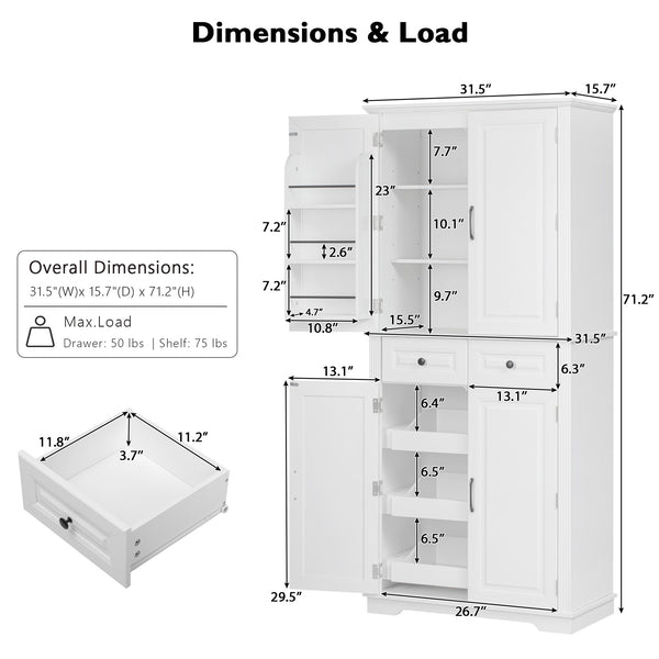 English Elm K&K 71" Tall Farmhouse Pantry Cabinet with Groove Edges, 3 Pull-Out Organizers, 6 Door Shelves White N707P256507W