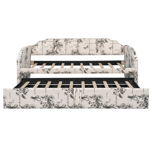 English Elm Twin Linen Upholstered Daybed with Pop up Trundle and Built in Usb Charging White Tossed Botanical SF000199AAZ
