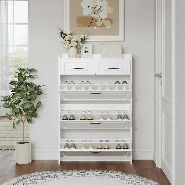 English Elm 1250 White Shoe Cabinet With 3 Drop-Down Doors & 2 Drawers – Stylish, Space-Saving Storage Solution! W1320P236450