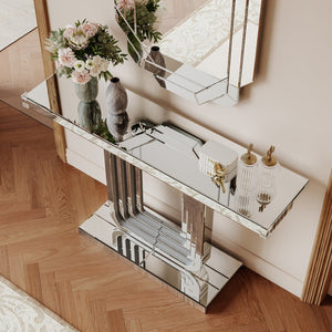 English Elm Mirrored Console Table Silver Glam Entryway Piece with Geometric U Base and Etched Detail W1445P370476