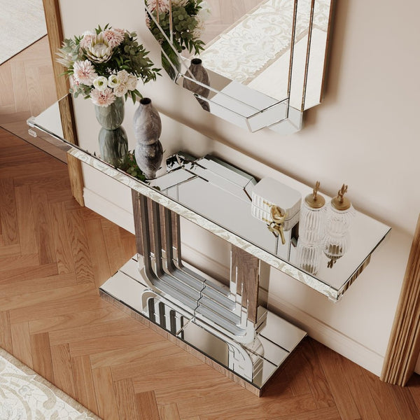 English Elm Mirrored Console Table Silver Glam Entryway Piece with Geometric U Base and Etched Detail W1445P370476