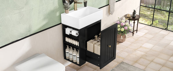 English Elm 20-Inch Compact Bathroom Vanity with Ceramic Sink, Wall-Mounted MDF Cabinet, Modern Space-Saver Design Black N725P314023B